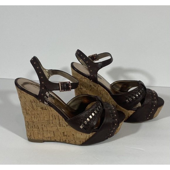 Rue21 Etc Shoes Wedge Open Toe Brown Sandal Wedge Heel Sz 7/8 Ankle Strap Studs - Picture 2 of 10